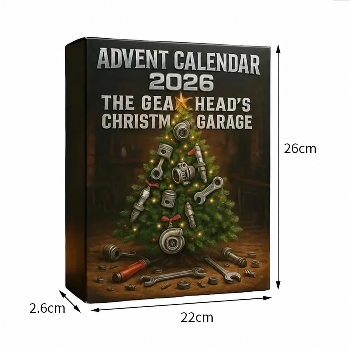 Gearheads Christmas Garage 2026 Advent Calendar - surprise box with 24 days of tool-themed gifts for car enthusiasts and DIYers during Christmas