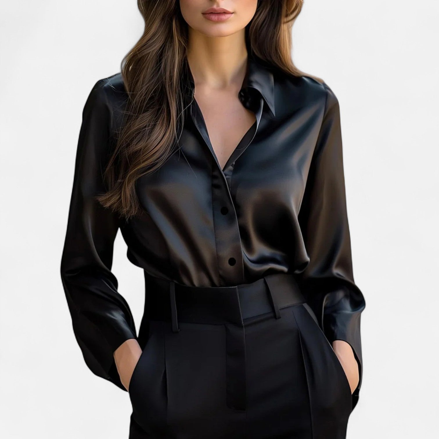 Blusa de satén negra para mujer con mangas largas – elegancia atemporal, sofisticación moderna