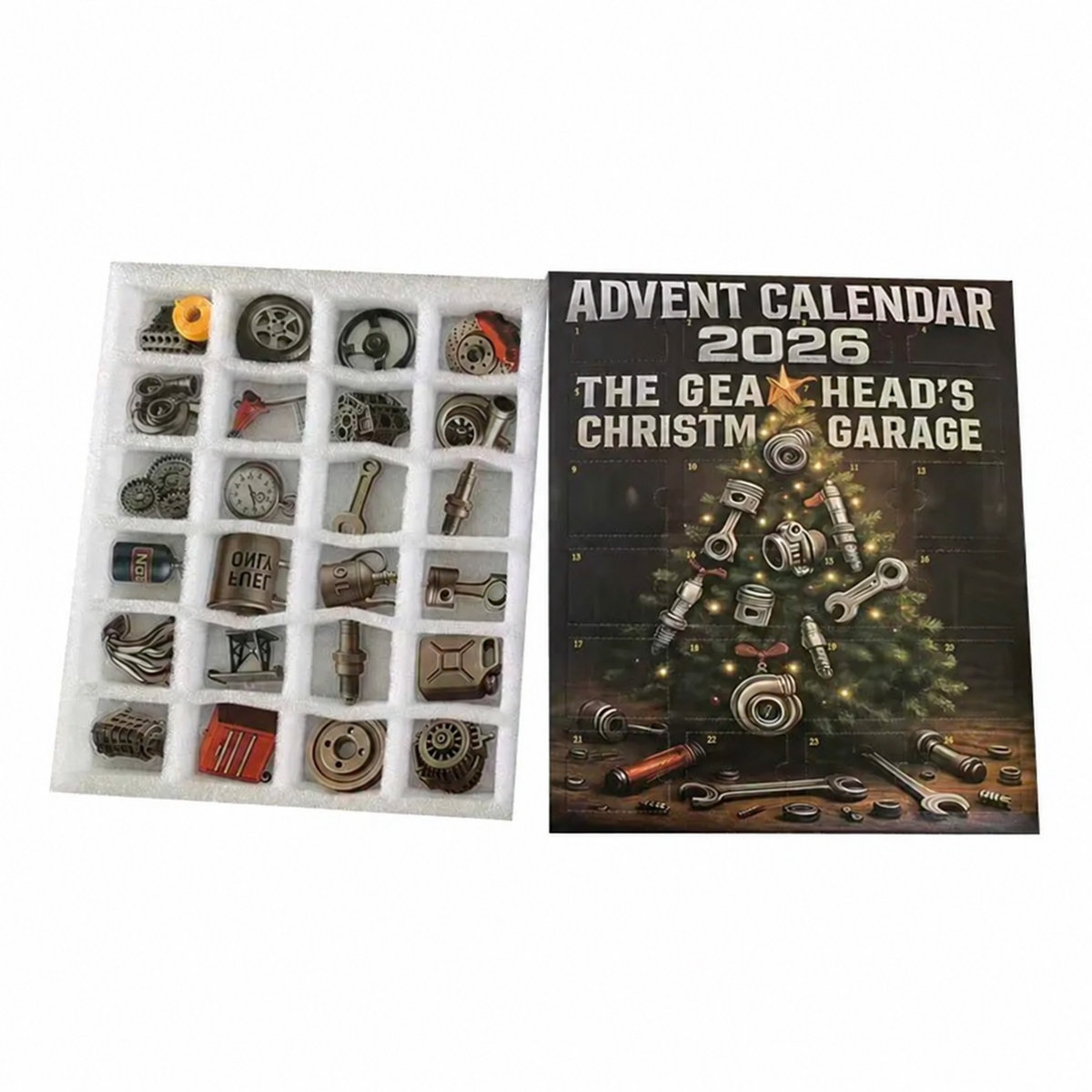 Gearheads Christmas Garage 2026 Advent Calendar - surprise box with 24 days of tool-themed gifts for car enthusiasts and DIYers during Christmas