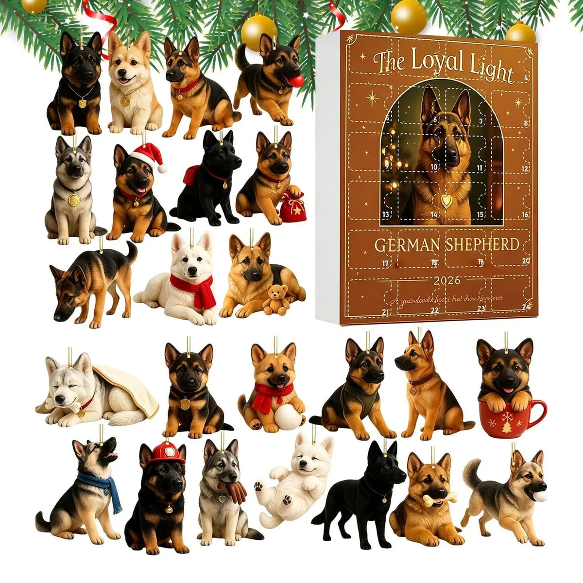 German Shepherd Christmas calendar 2026 – 24 flat 2D figures of German Shepherds – Surprise gift for the countdown to Christmas