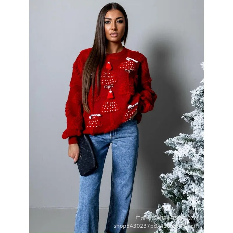Strikket julesweater til kvinder – løstsiddende pullover med rund hals og lanterneærmer