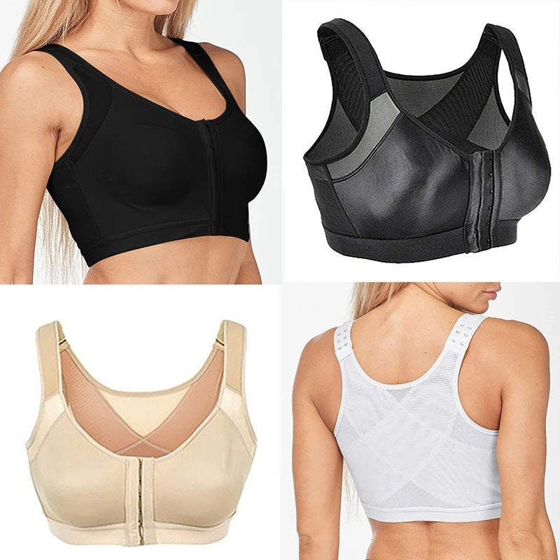 Model draagt Comfy Sport Beha met verstelbare ondersteuning 1+1 Gratis wit zwart beige met Rits sluiting aan de voorkant