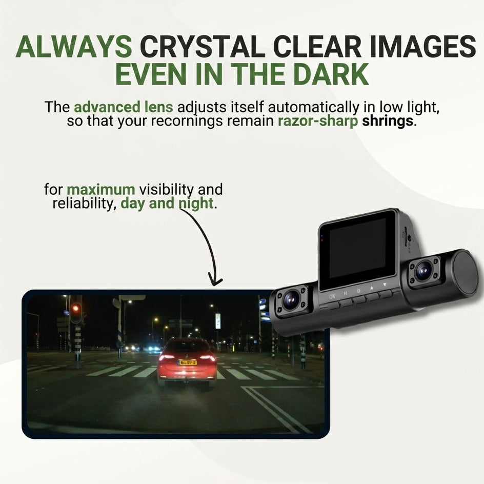 Dashcam a 3 telecamere | 1080P HD | Anteriore, Posteriore e Interno | Modalità Parcheggio Intelligente | Visione Notturna