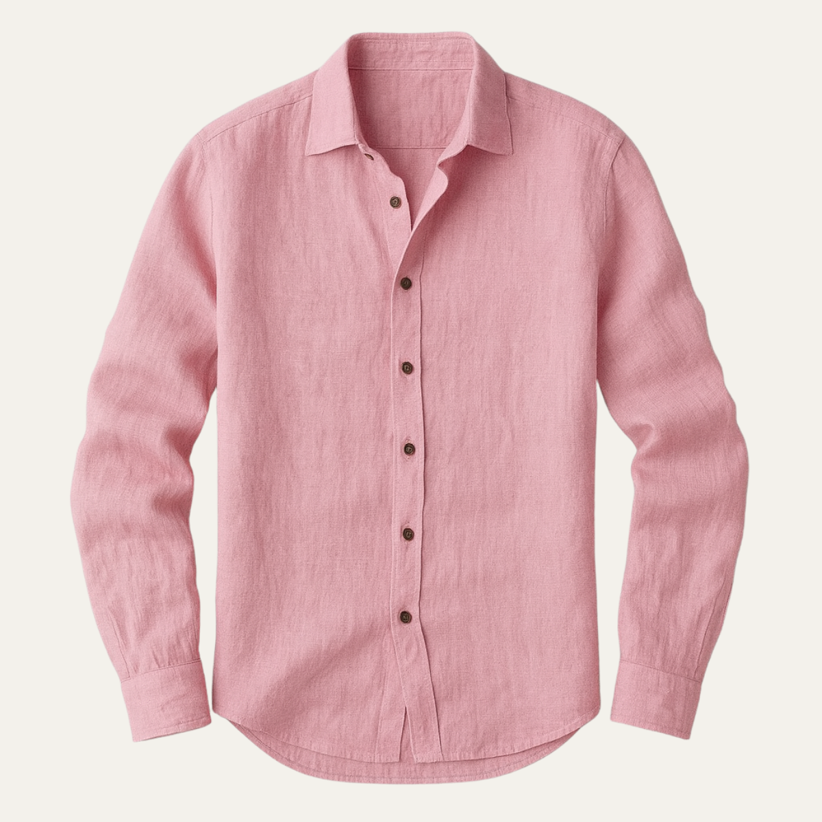 Lyserød linnedskjorte til mænd med lange ærmer og knapper, stilfuldt design, perfekt til casual og formelle lejligheder.