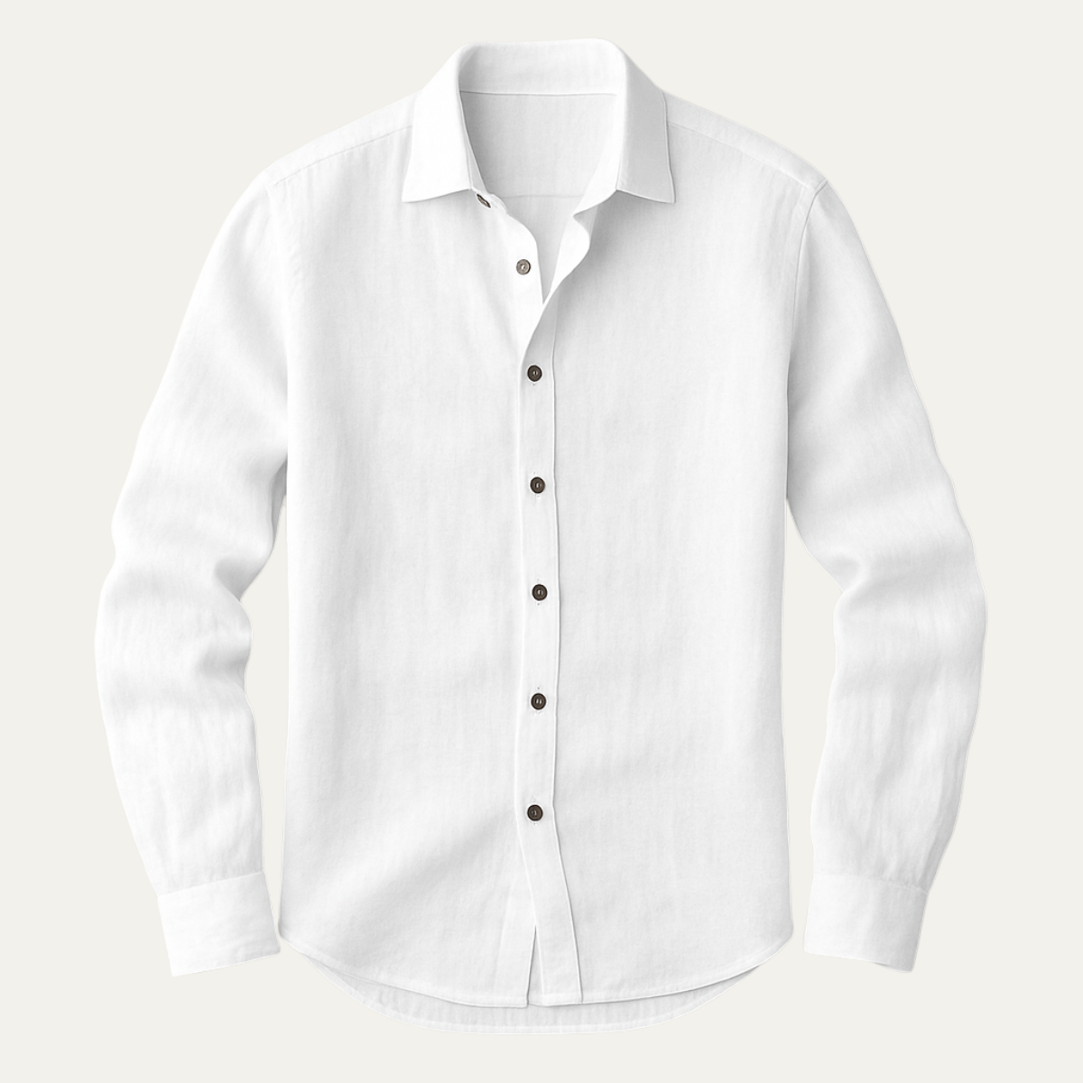 Hvid linnedskjorte med lange ærmer og sorte knapper, klassisk design, velegnet til både formelle og afslappede lejligheder.
