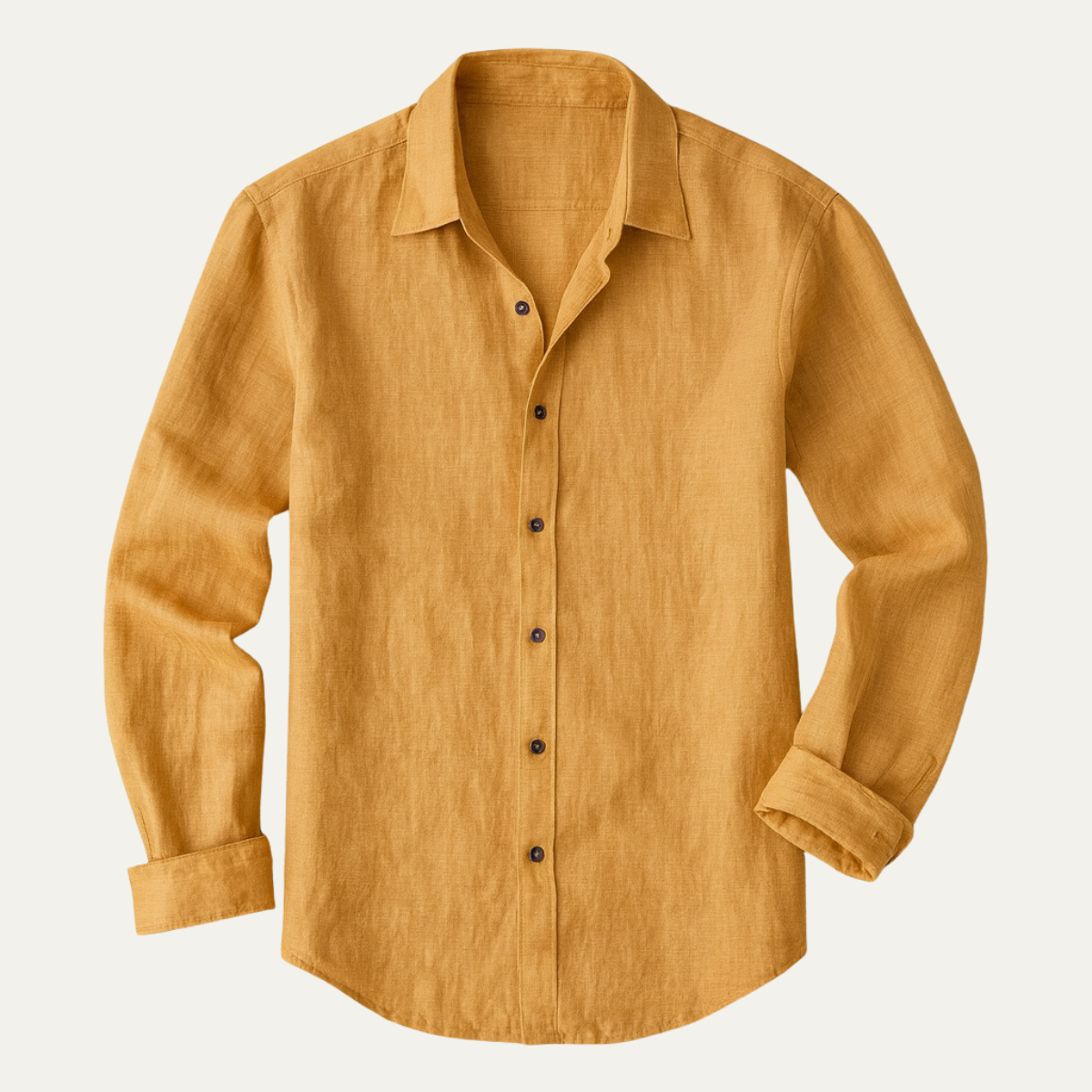 Gul linnedskjorte til mænd med lange ærmer og sorte knapper. Stilfuldt og behageligt design, perfekt til både formelle og afslappede lejligheder.