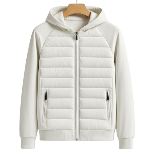 Hvid hættetrøje med lynlås og quiltet design, to sidelommer, moderne stil, unisex mode, perfekt til forår og efterår.