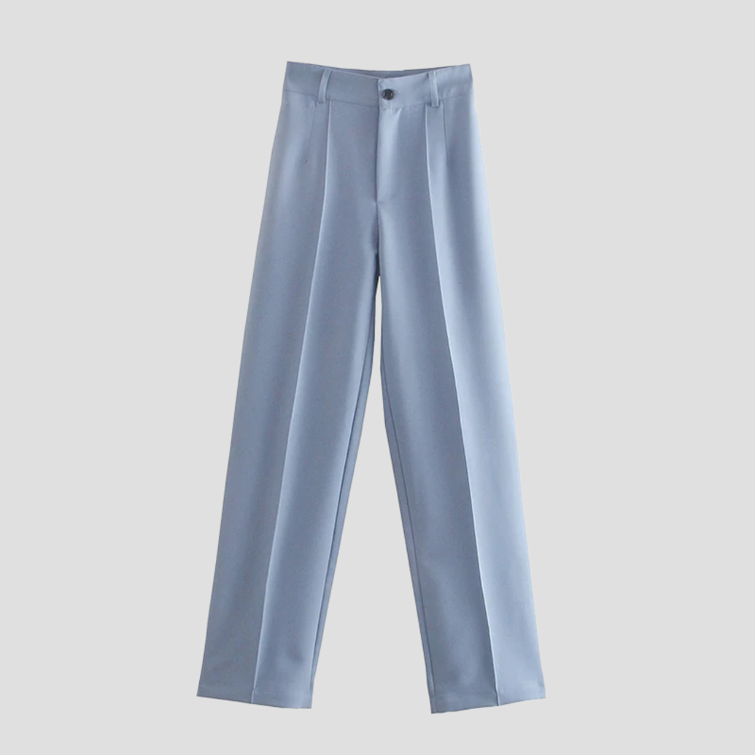 Lyseblå bukser til kvinder, høj talje, brede ben, elegant design, velegnet til kontor eller formelle lejligheder. Trendy damebukser.