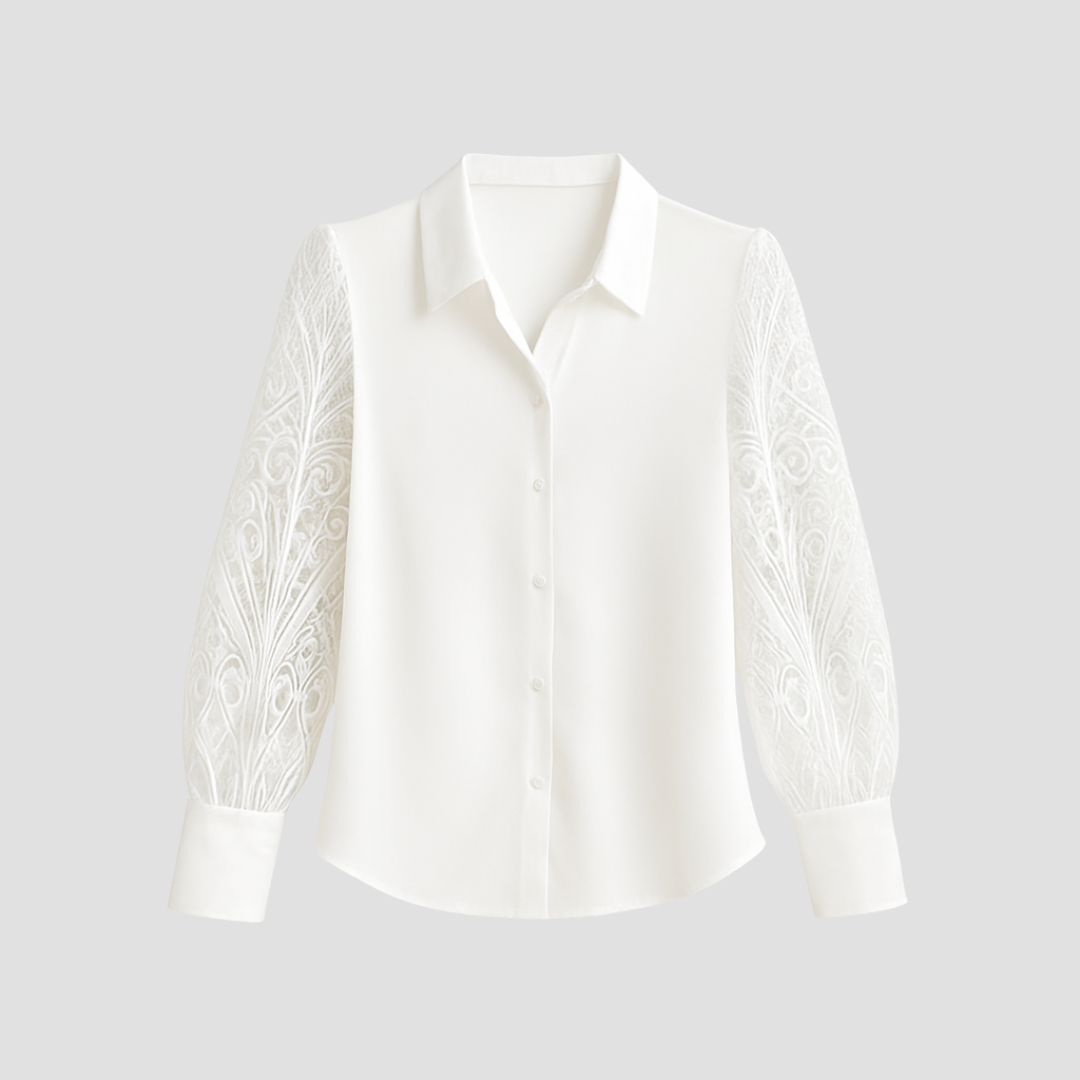 Hvid bluse med lange, broderede ærmer og knaplukning. Elegant design, perfekt til formelle lejligheder. Moderne kvindemode, stilfuld skjorte.