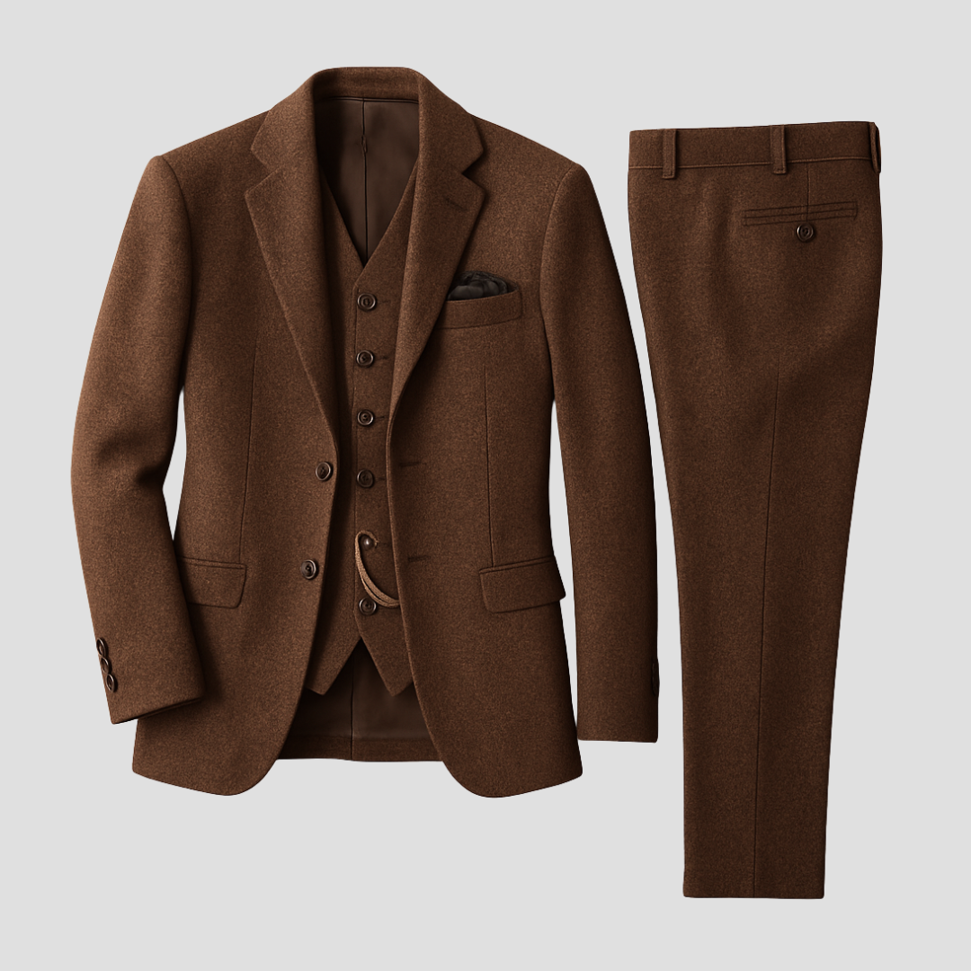 Brun tredelt jakkesæt til mænd med jakke, vest og bukser. Klassisk herremode, elegant design, perfekt til formelle anledninger.