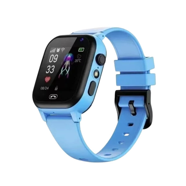 Blå smartwatch med rektangulær skærm, viser tid og vejr. Moderne design, fitness-tracker, hjertefrekvensmåler. Ideel til sundhed og teknologi.