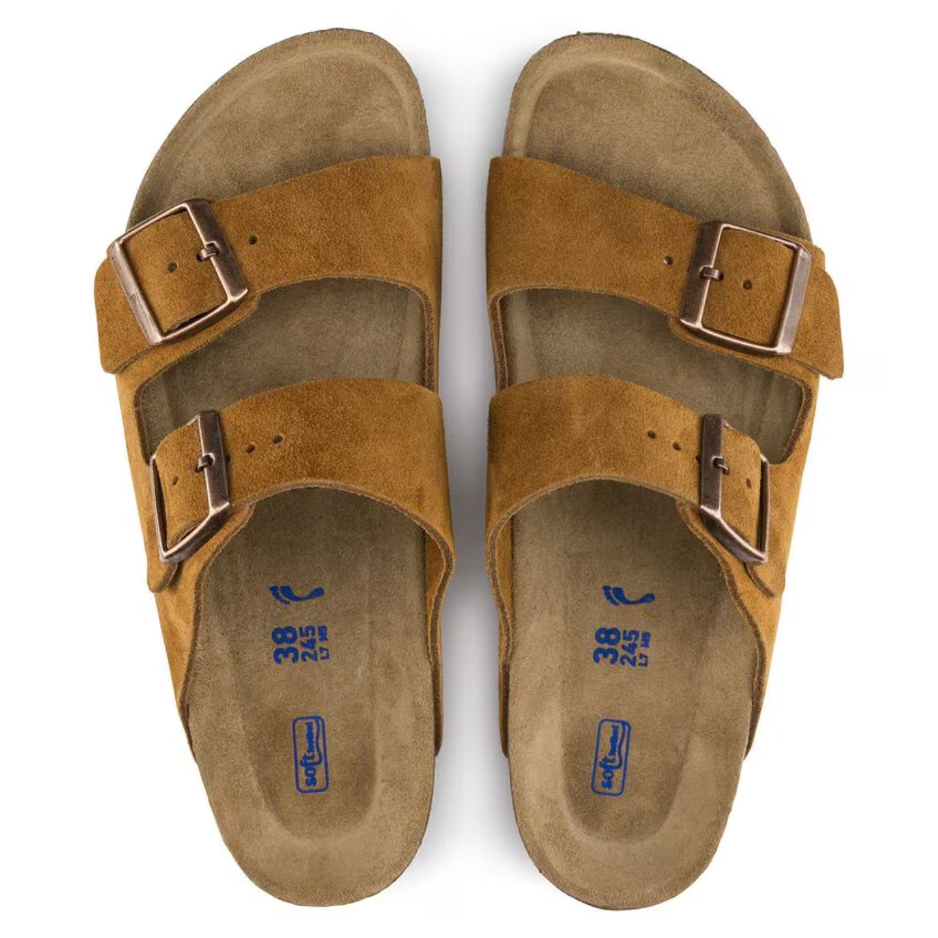 Brune Birkenstock sandaler med to justerbare remme og spænder, set ovenfra. Komfortable sko til sommerbrug. Størrelse 38.