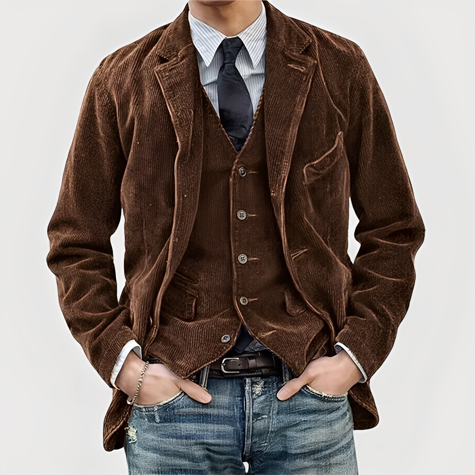 Brun fløjlsjakke med vest og slips, herremode, afslappet stil, kombineret med stribede skjorte og jeans, moderne tøj til mænd.
