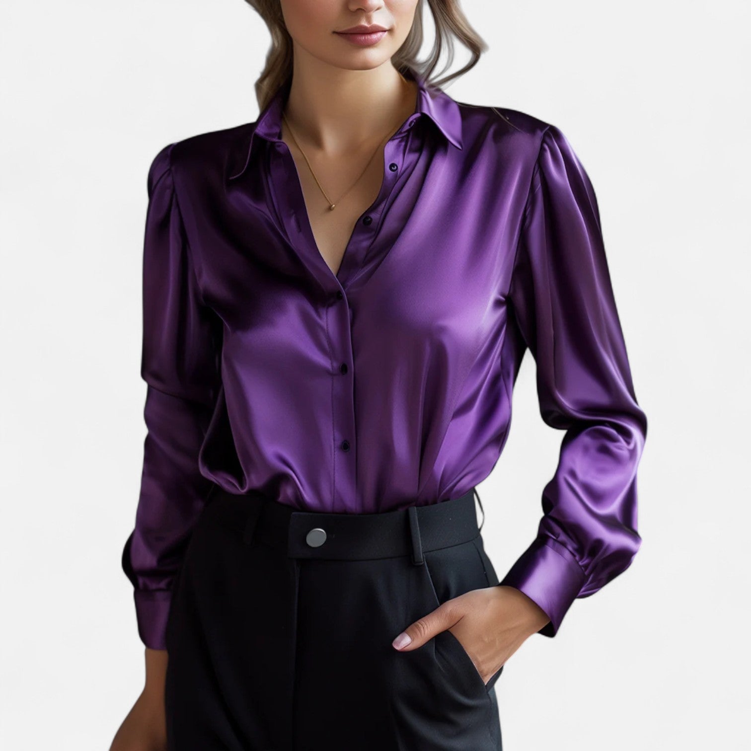 Blusa de satén negra para mujer con mangas largas – elegancia atemporal, sofisticación moderna