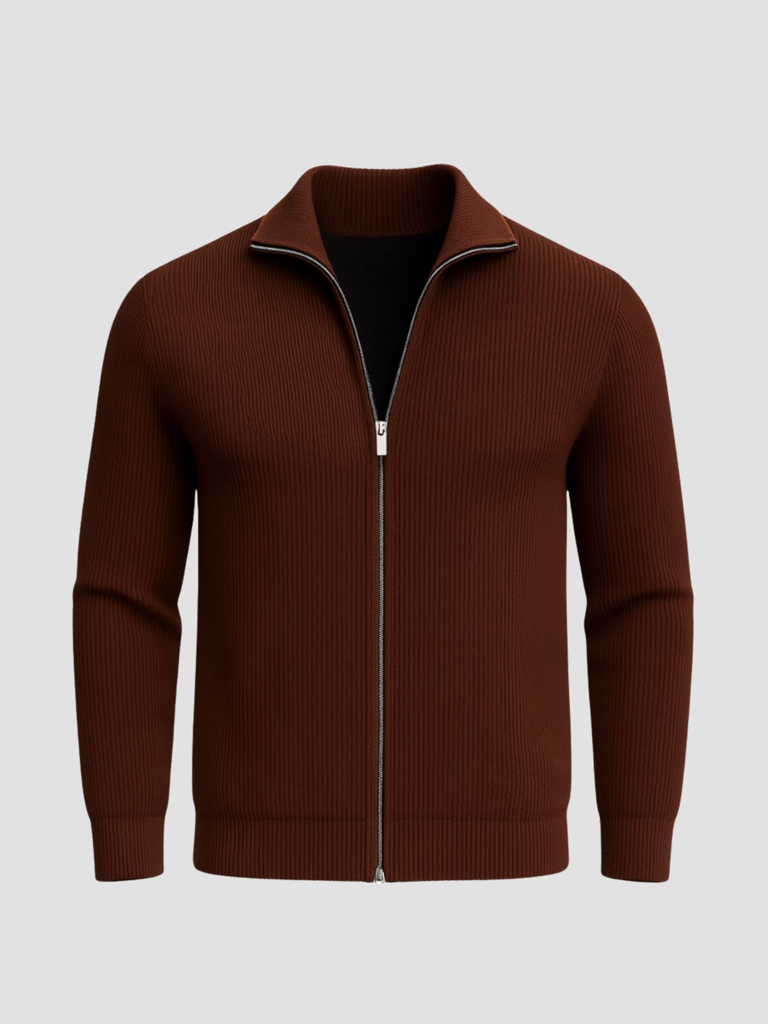 Brun ribstrikket cardigan med lynlås, herrejakke, minimalistisk design, langærmet, høj krave, moderne herremode, stilfuld og komfortabel.