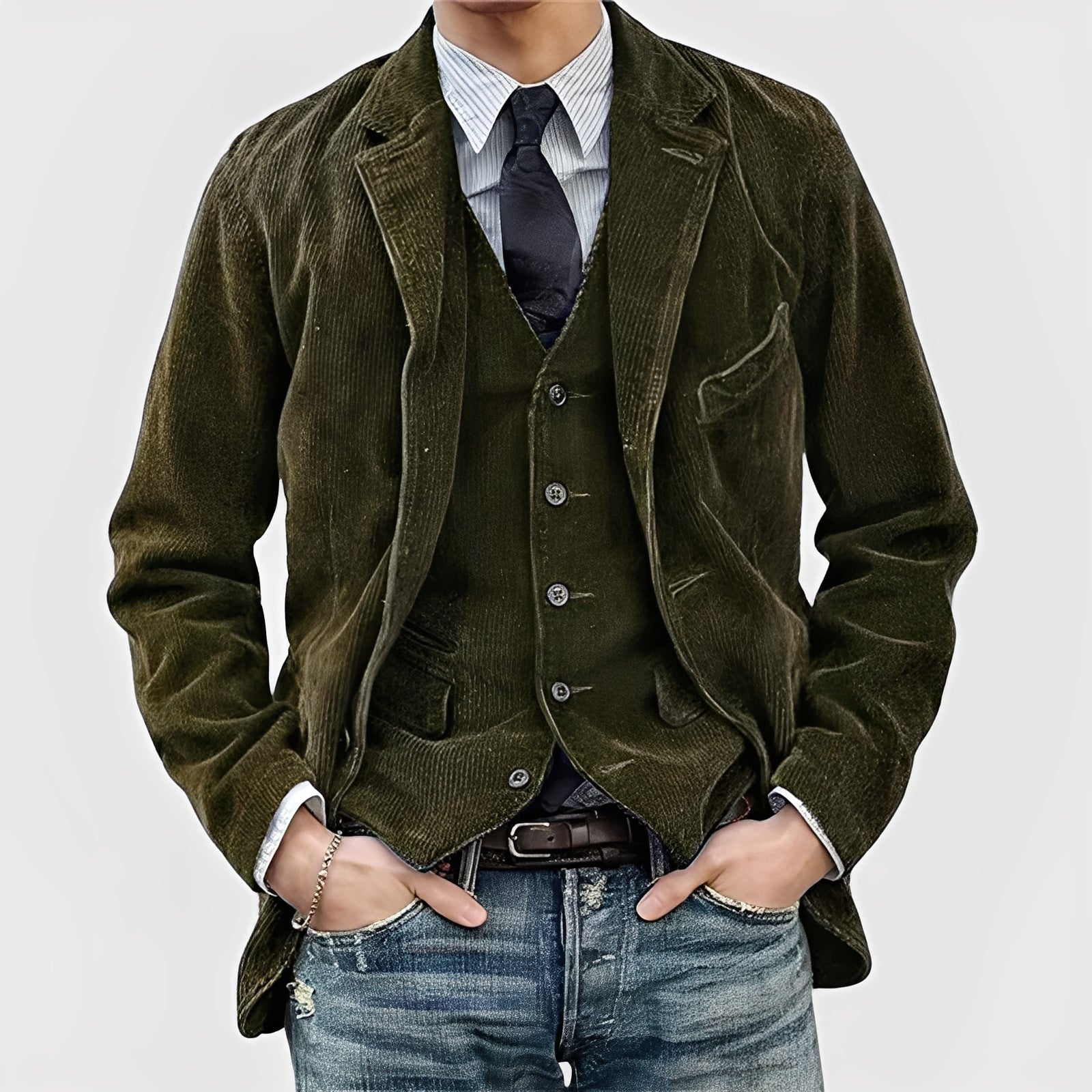 Mand iført olivengrøn fløjlsjakke, vest og slips, kombineret med stribede skjorte og jeans. Stilfuldt herretøj, afslappet elegance, mode.