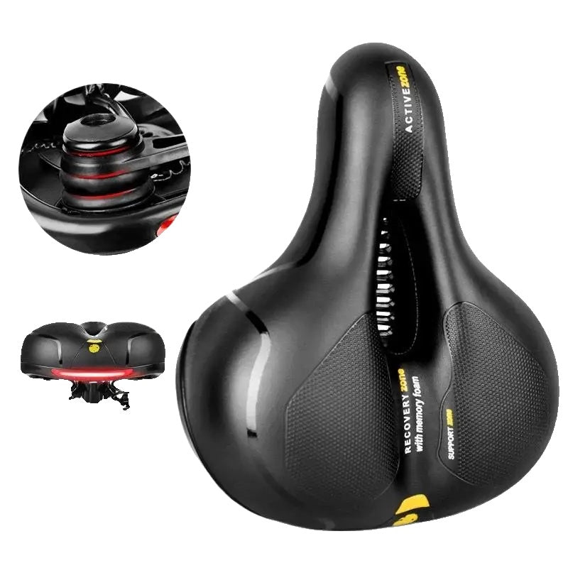Sort cykelsadel med ergonomisk design, stødabsorbering og ventilation. Komfortabelt sæde til mountainbikes og bycykler. Ideel til lange ture.