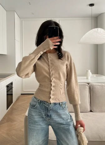 Cardigan de malha canelada | Camisola de malha cintada com fecho de botões | Cardigan macio de mangas compridas | Estilo casual para o dia a dia e para o escritório