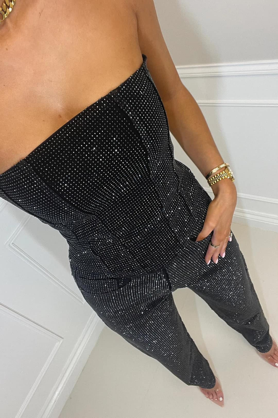 Strapless festive pantsuit with sparkling details