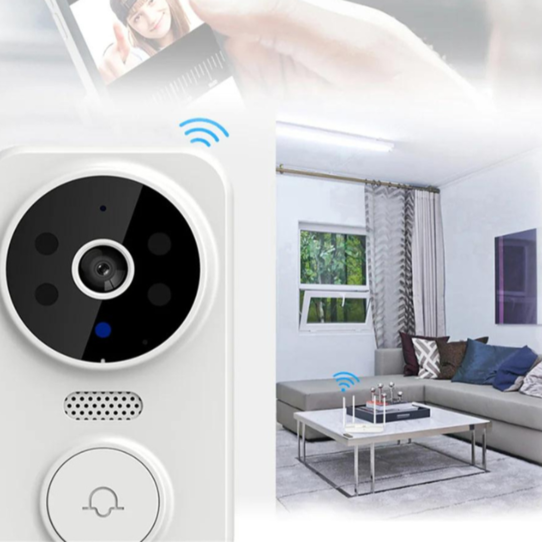 Smart dørklokke med kamera og Wi-Fi, moderne stue i baggrunden, sikkerhedsteknologi, trådløs videoovervågning, hjemmesikkerhedssystem.