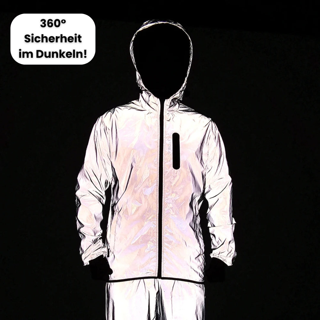 Reflekterende jakke med hætte, der lyser op i mørket. Ideel til sikkerhed og synlighed om natten. Perfekt til cykling og løb i mørke omgivelser.