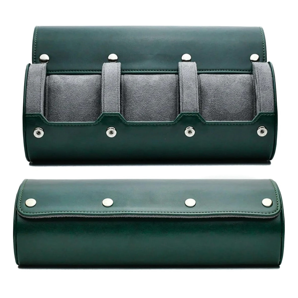 Grøn læder urkasse med plads til tre ure, grå indvendig foring, trykknapper og elegant design. Perfekt til opbevaring og rejse.