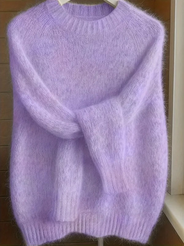 Pull doux en maille mélangée mohair pour femme - Pull à col rond et à la coupe décontractée
