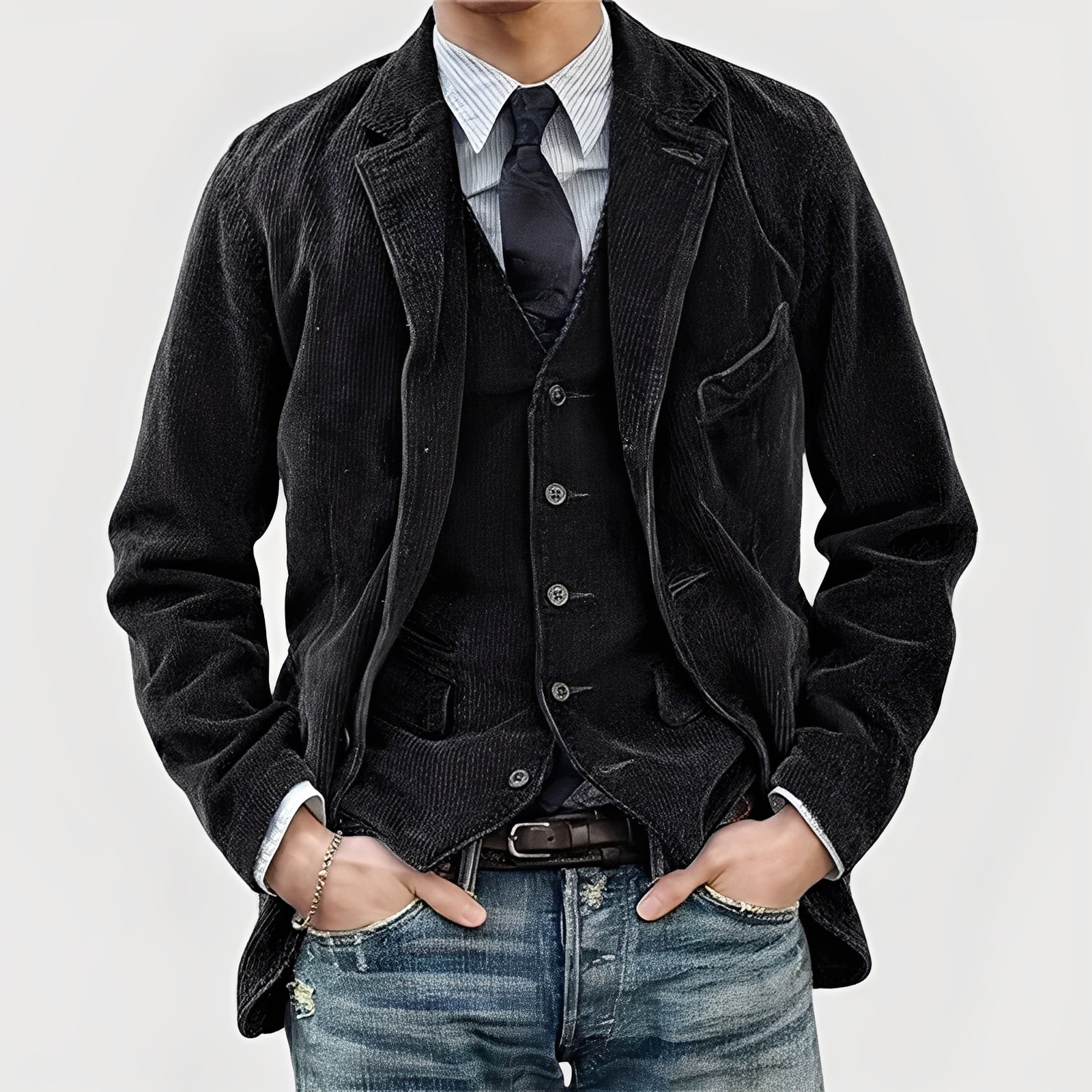 Mand i sort fløjlsjakke, vest og slips, iført stribede skjorte og jeans. Moderne herremode, afslappet stil, trendy tøj til mænd.