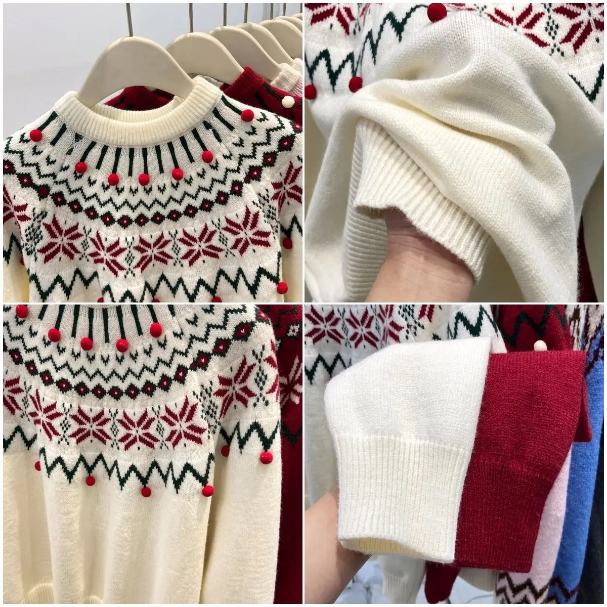 Pull de Noël en maille pour femme avec motif jacquard - Pull crème et rouge à motif géométrique