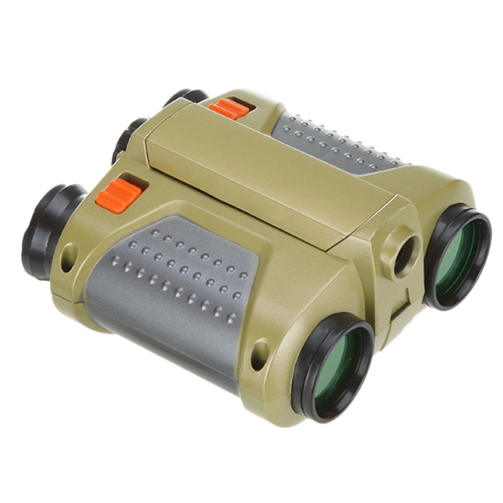 Grøn og grå kikkert med orange knapper, kompakt design, velegnet til udendørs aktiviteter som fuglekiggeri og jagt.