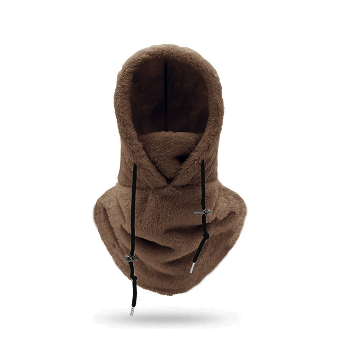 Brun fleece hætte med justerbare snore, varm og blød, ideel til vinterbrug. Perfekt tilbehør til udendørs aktiviteter i koldt vejr.