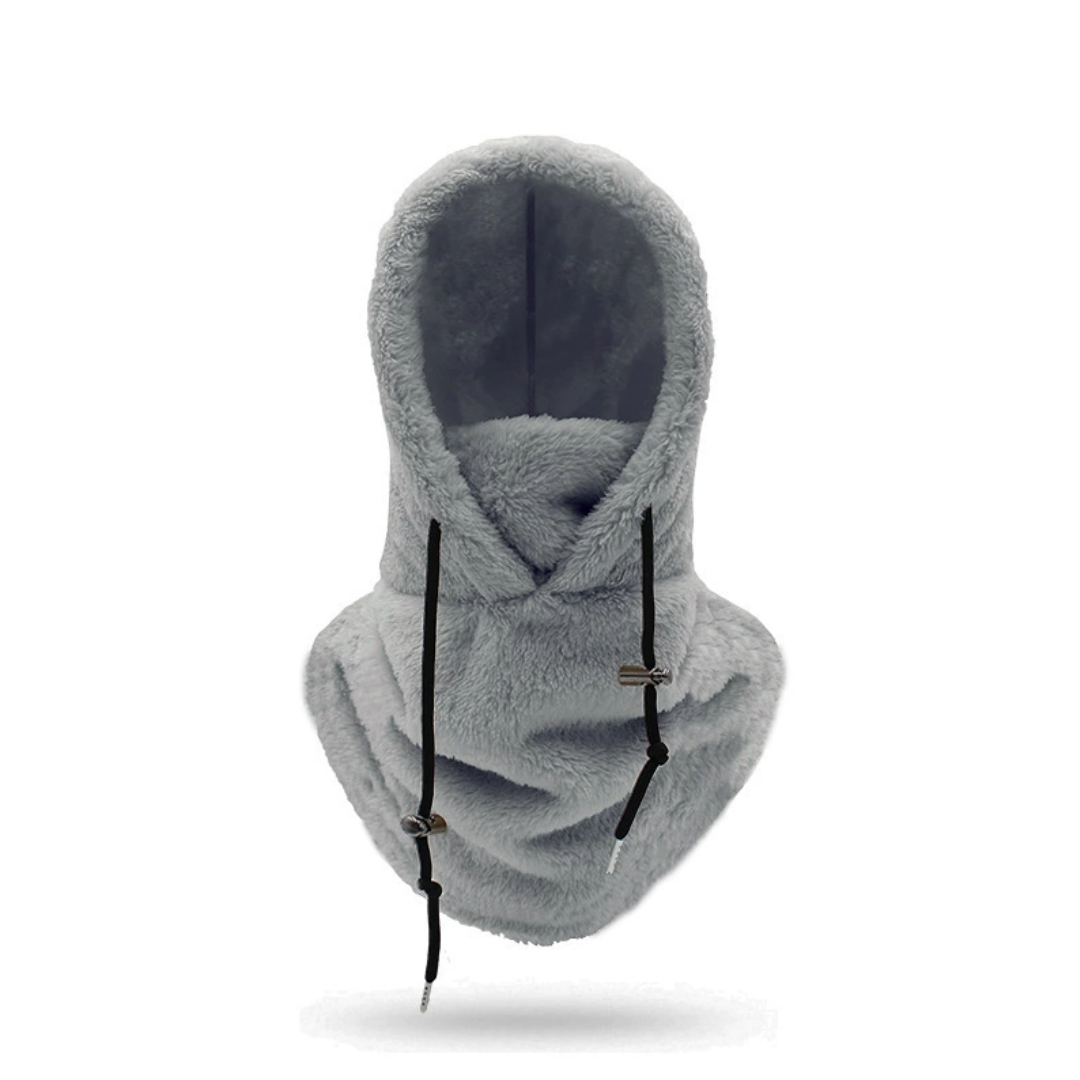 Grå fleece balaclava hætte med justerbare snore, varm og blød vinterbeklædning til udendørs aktiviteter, ideel til koldt vejr.