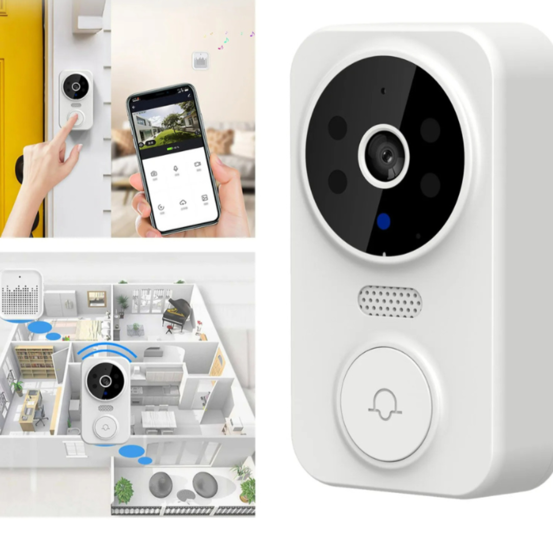 Smart dørklokke med kamera og app-integration, der viser live videoovervågning. Ideel til hjemmesikkerhed og fjernovervågning via smartphone.