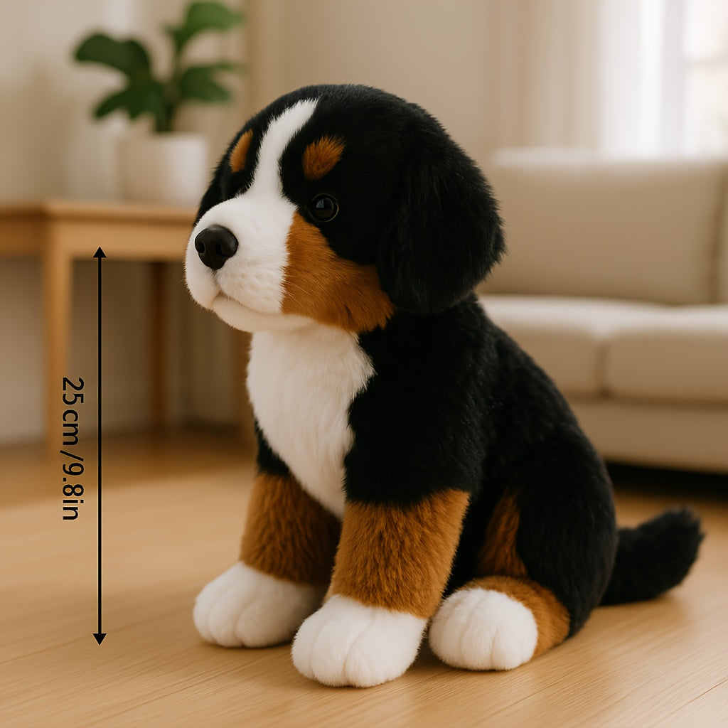 Billede af en 25 cm høj, realistisk Bernersennenhund bamse i stue med sofa og plante. Perfekt til børneværelse eller som gaveidé.