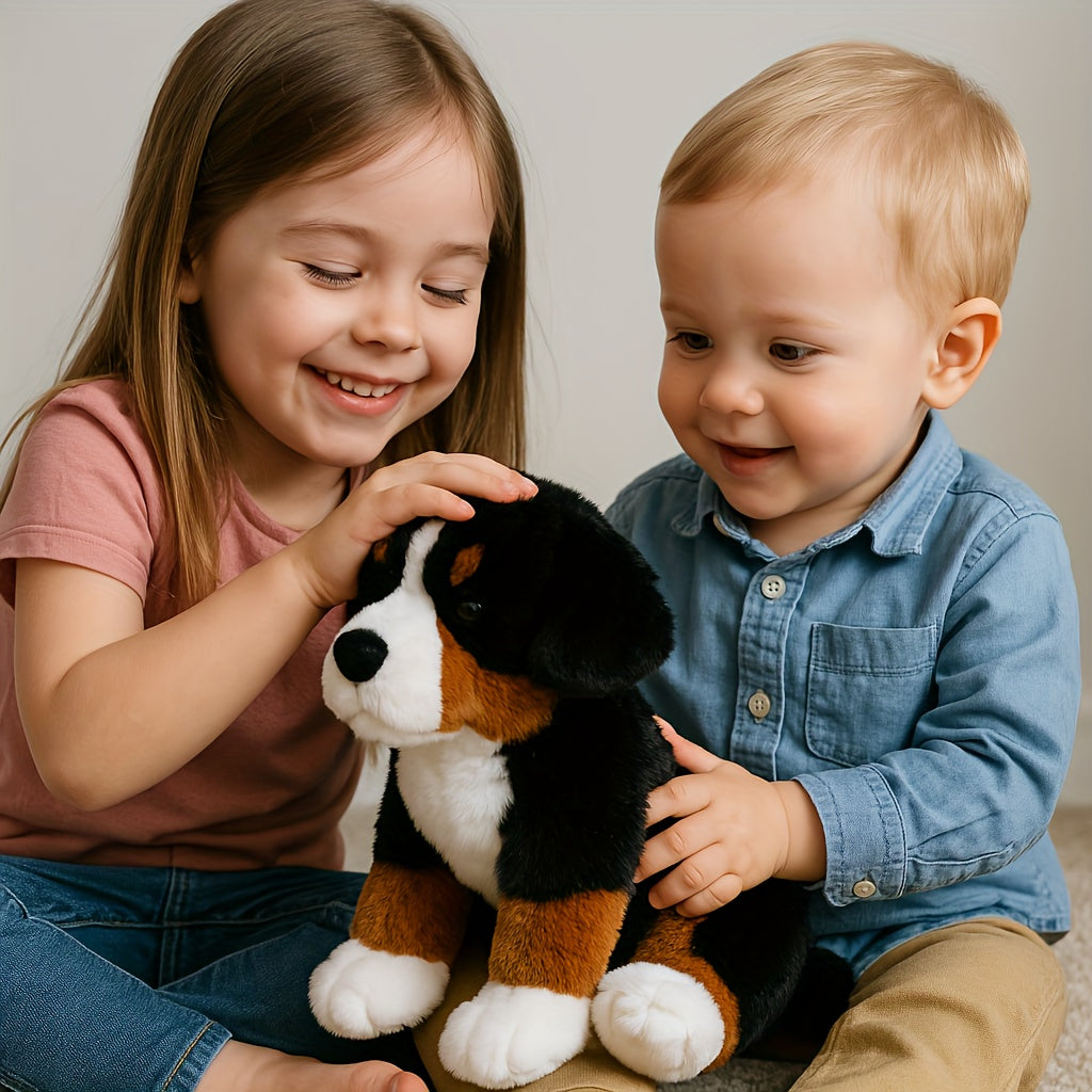 To børn leger med en plysset hundelegetøj. Pigen smiler og klapper hunden, mens drengen ser glad ud. Perfekt til børneværelset eller gaveidéer.