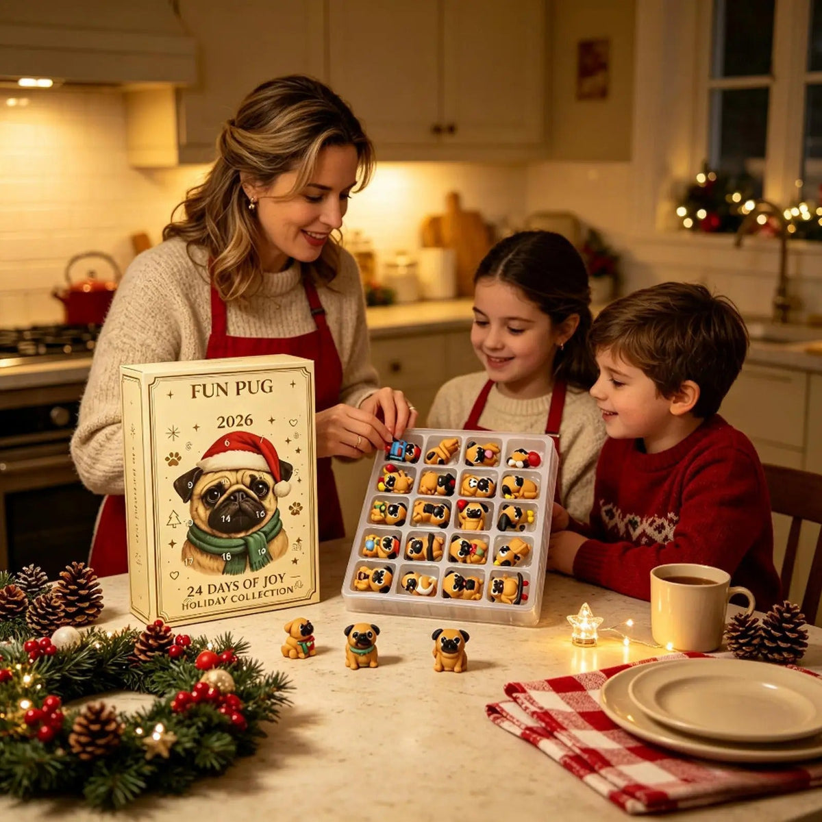 Calendario dell'Avvento natalizio con carlino 2026 – 24 giorni con mini-figurine di cani – Decorazioni e articoli per feste natalizie per calze della Befana, scrivania dell'ufficio o soggiorno
