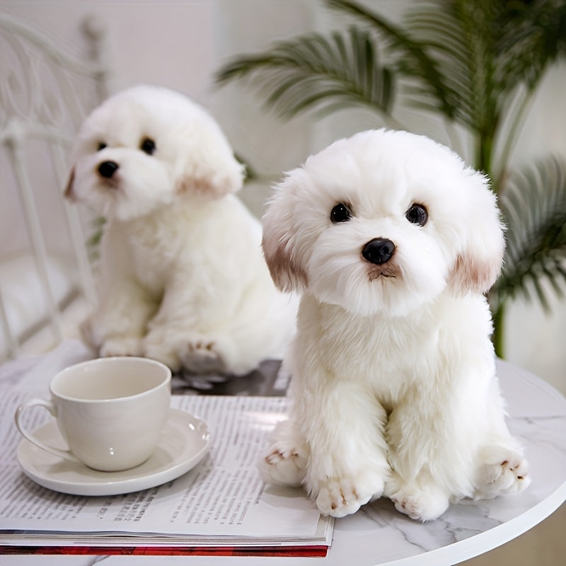 To bamsehunde sidder på et bord ved siden af en hvid kaffekop og en avis. Perfekt til indretning, gaveidéer, eller børneværelser.