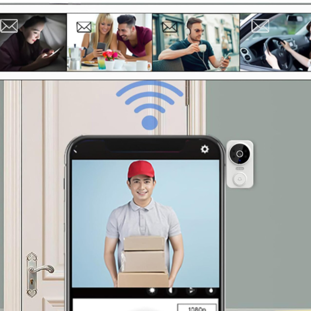 Smart dørklokke med kamera viser levering af pakker på smartphone. Trådløs videoovervågning, sikkerhed, hjemmeteknologi, dørkamera.