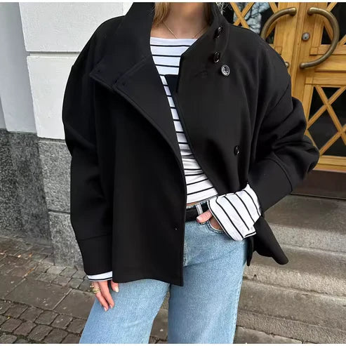 Elegant double-breasted short coat for women - Modern transitional jacket