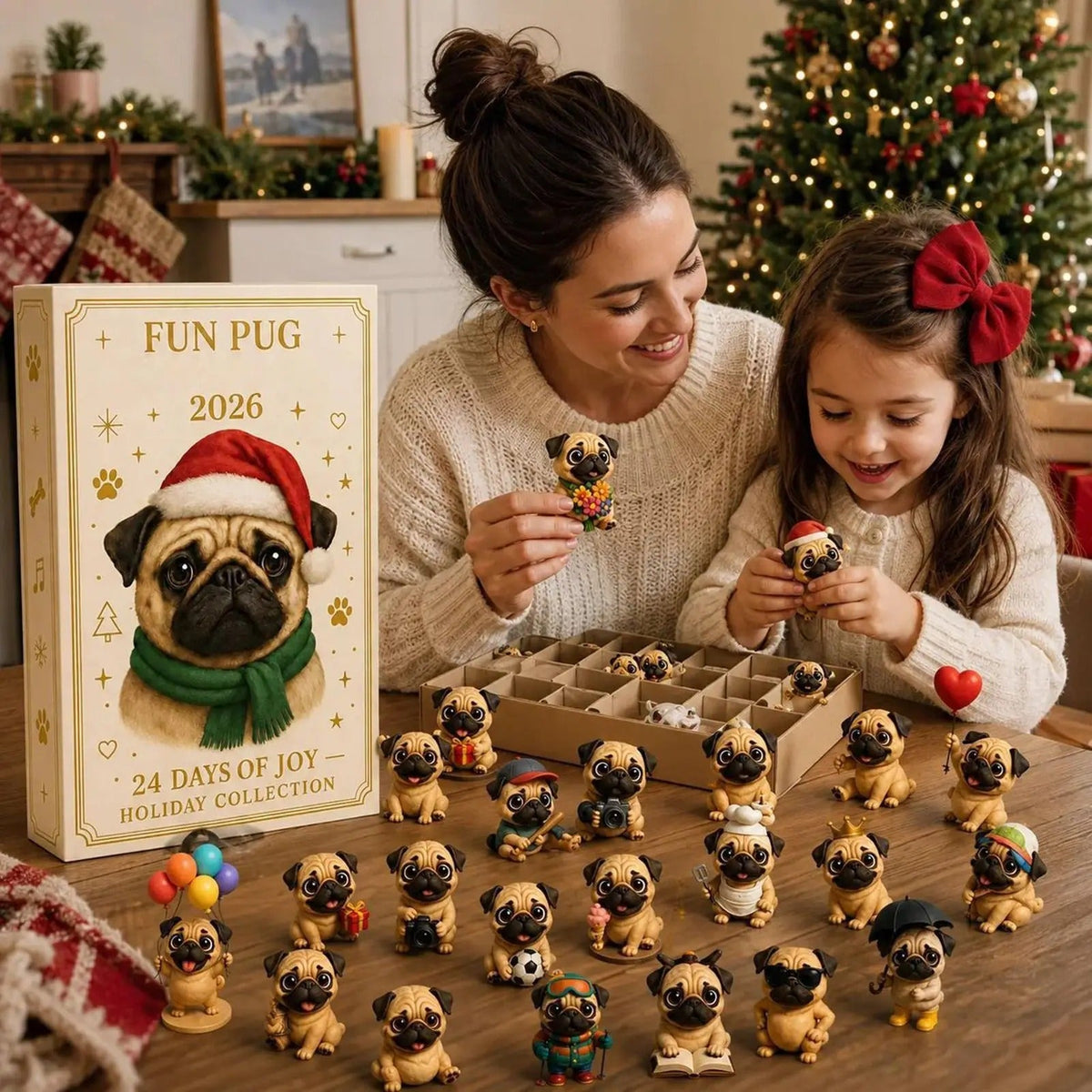 Calendario dell'Avvento natalizio con carlino 2026 – 24 giorni con mini-figurine di cani – Decorazioni e articoli per feste natalizie per calze della Befana, scrivania dell'ufficio o soggiorno