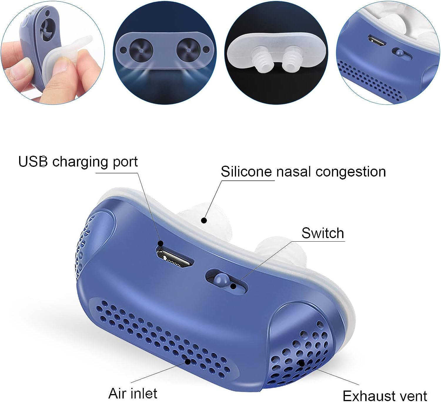 Blå anti-snorke enhed med USB-opladningsport, silikone næseklemmer, tænd/sluk-knap, luftindtag og udstødningsventil. Effektiv mod snorken.