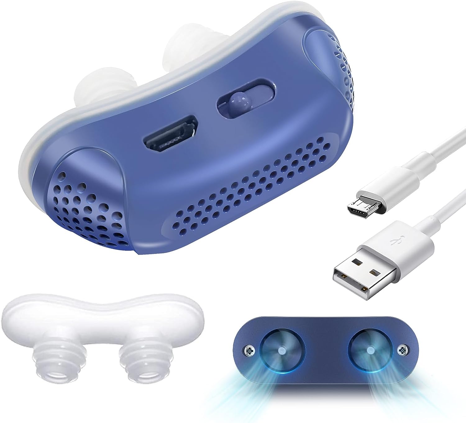 Blå anti-snorke enhed med USB-opladningskabel, silikone næseindsatser og LED-lys. Effektiv løsning mod snorken, forbedrer søvnkvalitet.