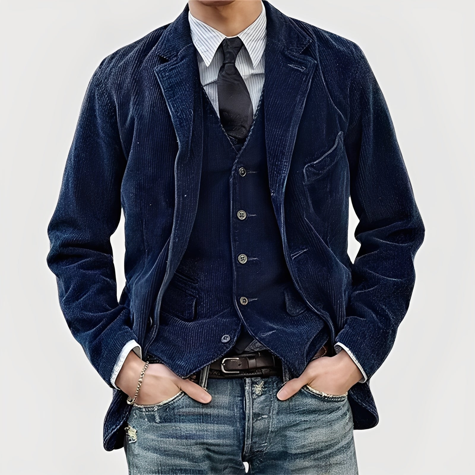 Mand i mørkeblå fløjlsjakke, vest og slips, iført stribede skjorte og jeans. Stilfuldt herretøj, moderne mode, afslappet elegance.