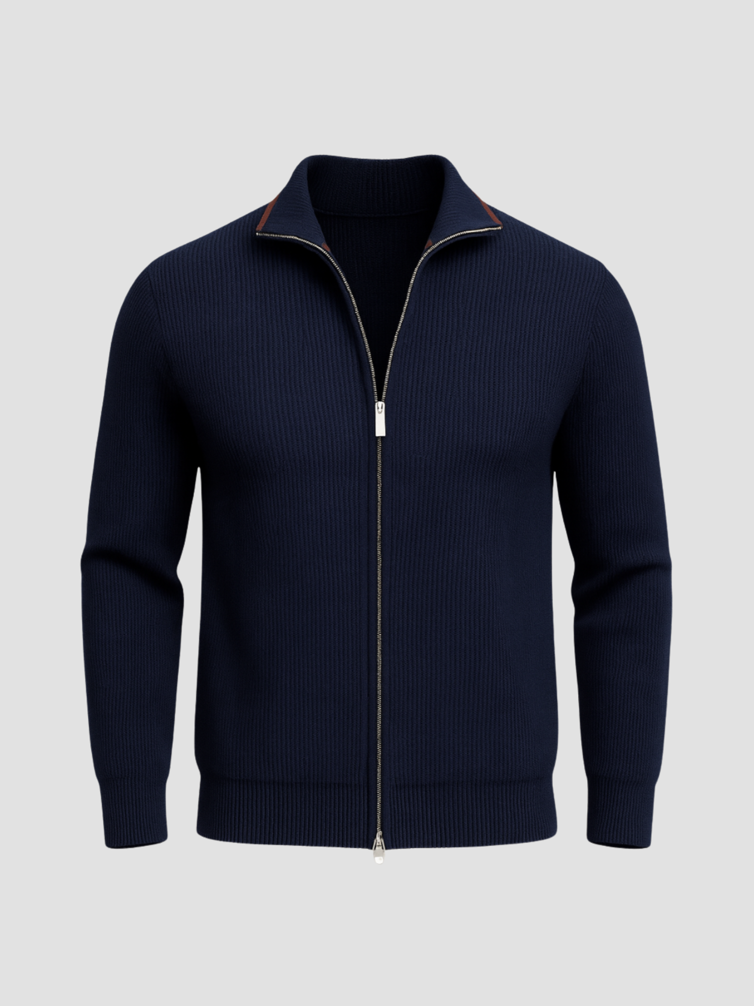 Mørkeblå herretrøje med lynlås, ribstrikket design og høj krave. Stilfuld og varm cardigan til mænd, perfekt til efterår og vinter.