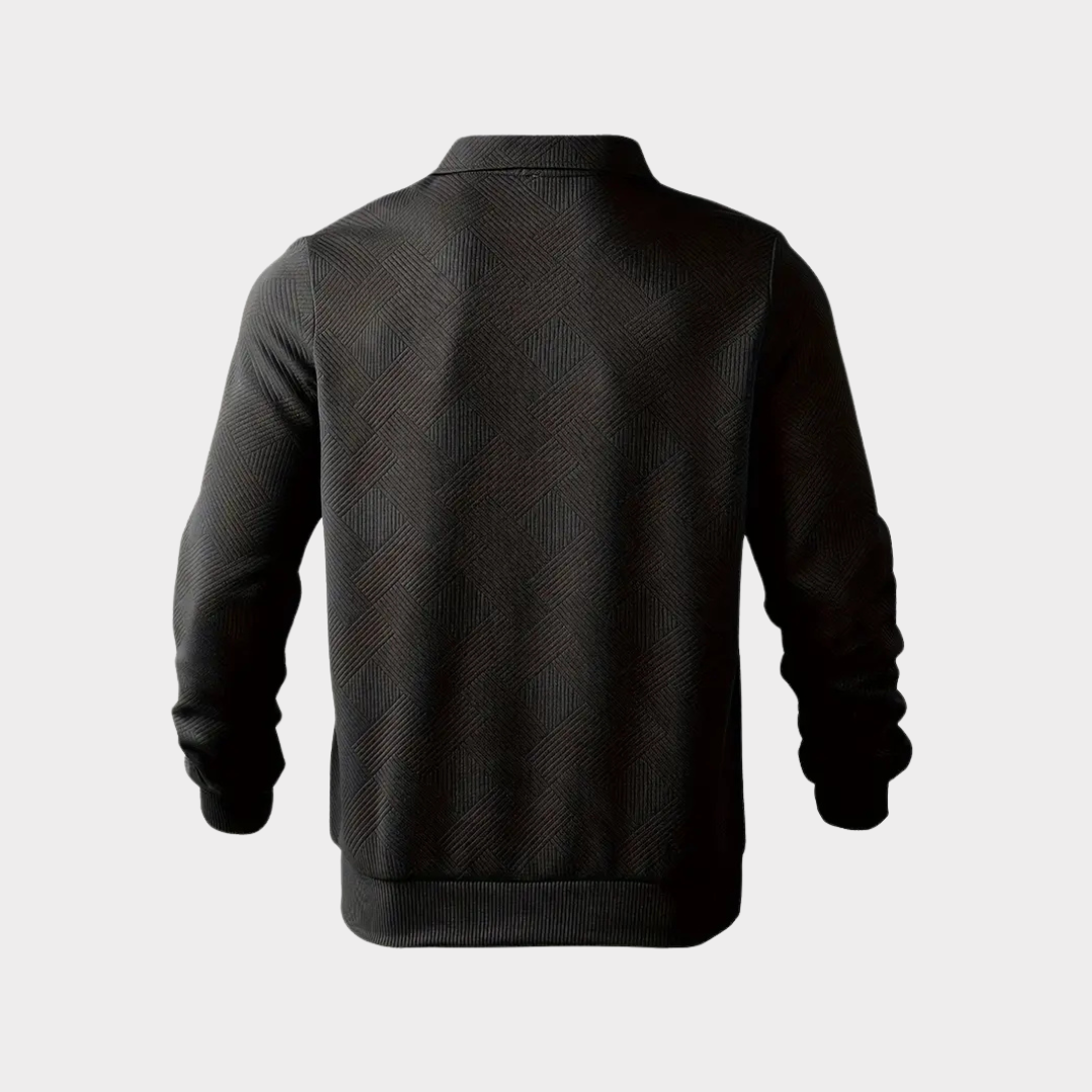 Sort herrejakke set bagfra med diskret mønster, lange ærmer og ribkant. Stilfuldt design til efterår og vinter. Perfekt til casual og formelle lejligheder.