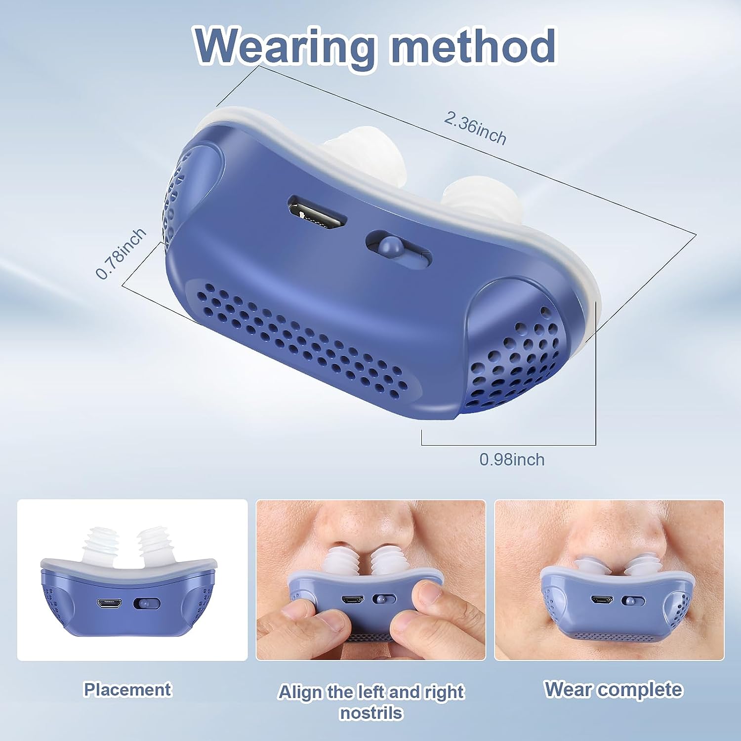 Blå anti-snorke enhed med næsepropper, USB-port og ventilationshuller. Viser korrekt placering i næsebor. Effektiv løsning mod snorken.