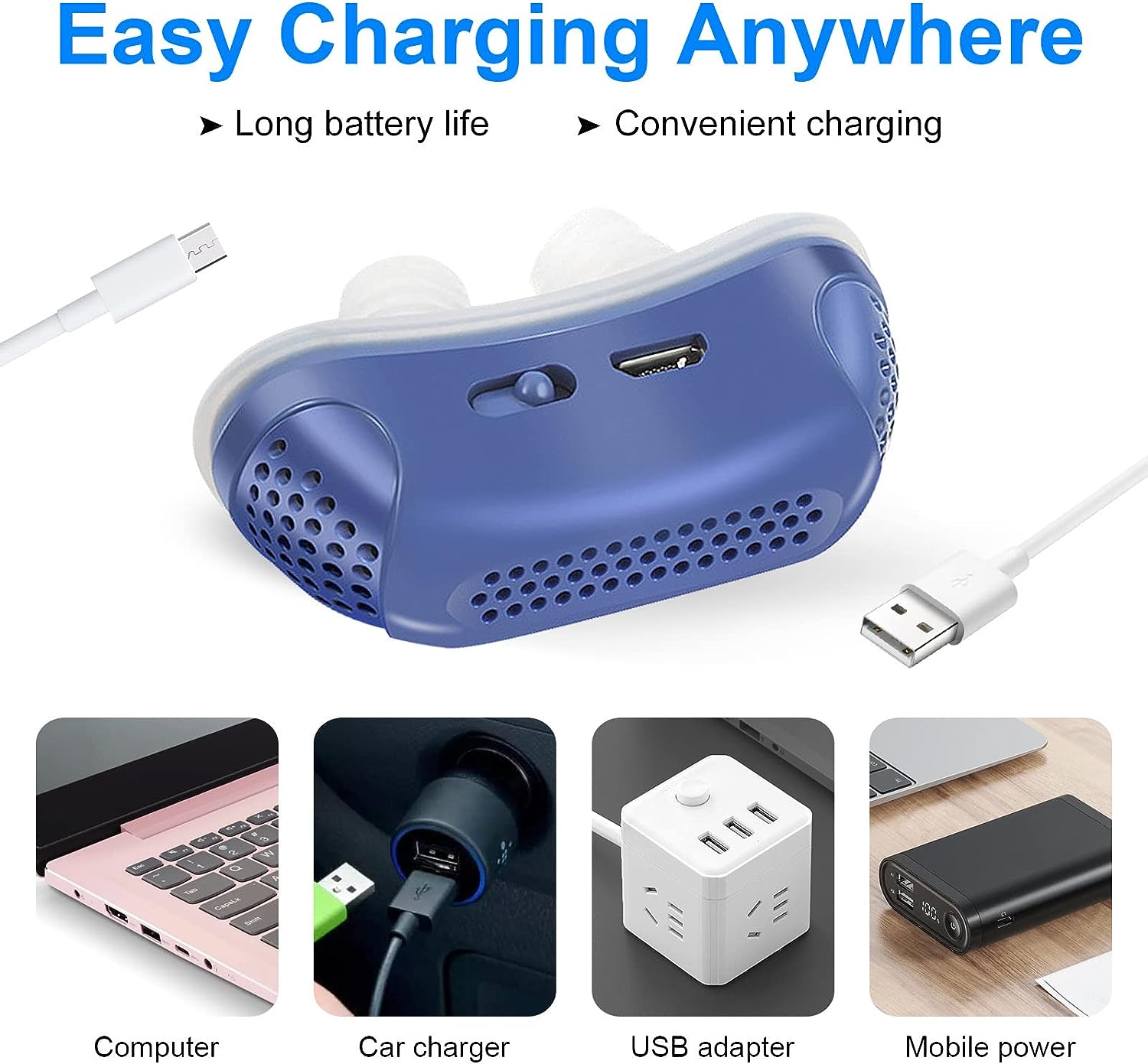 Blå bærbar USB-oplader med flere porte, kompatibel med computer, biloplader, USB-adapter og mobil strøm. Nem opladning, lang batterilevetid.
