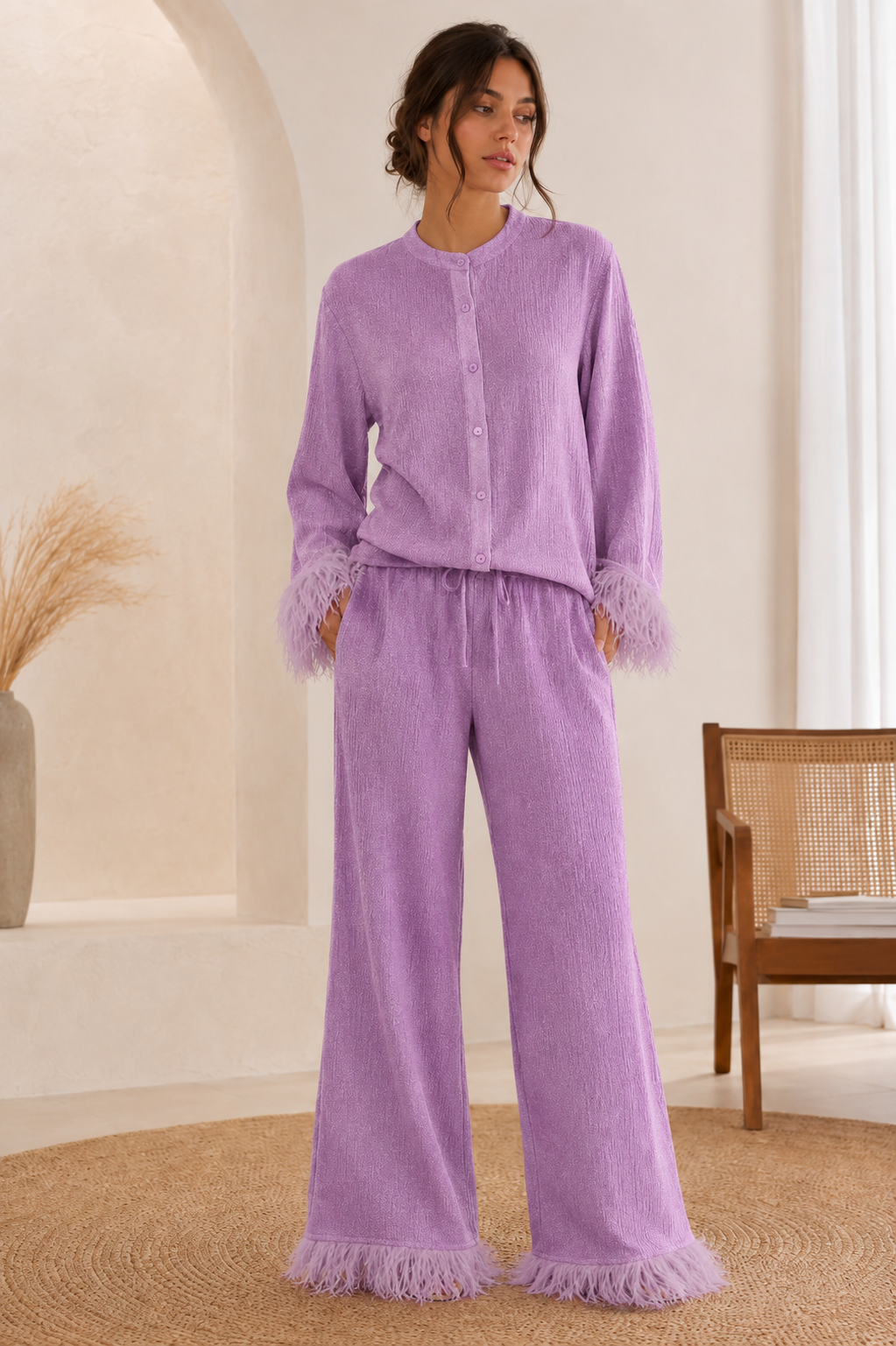 Conjunto de lentejuelas para mujer - top con detalles de plumas y pantalones de pernera ancha | Conjunto de fiesta de dos piezas para eventos nocturnos y ocasiones festivas
