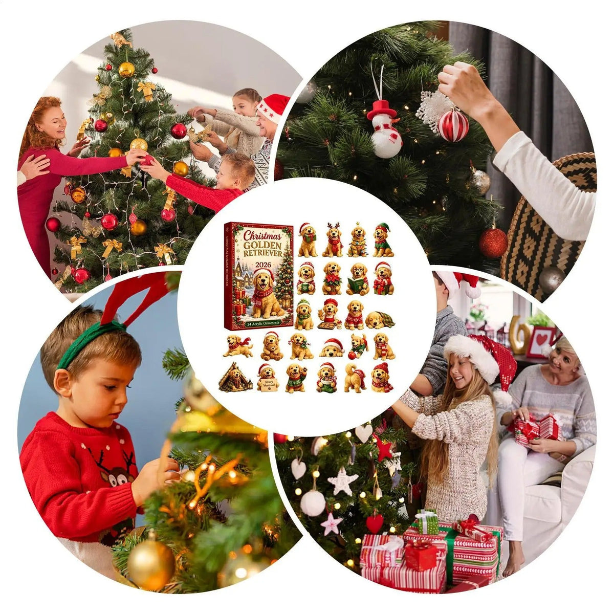 Calendario de Adviento 2026 – Adorno navideño 2D dulce con forma de golden retriever americano (cuenta atrás de 24 días)