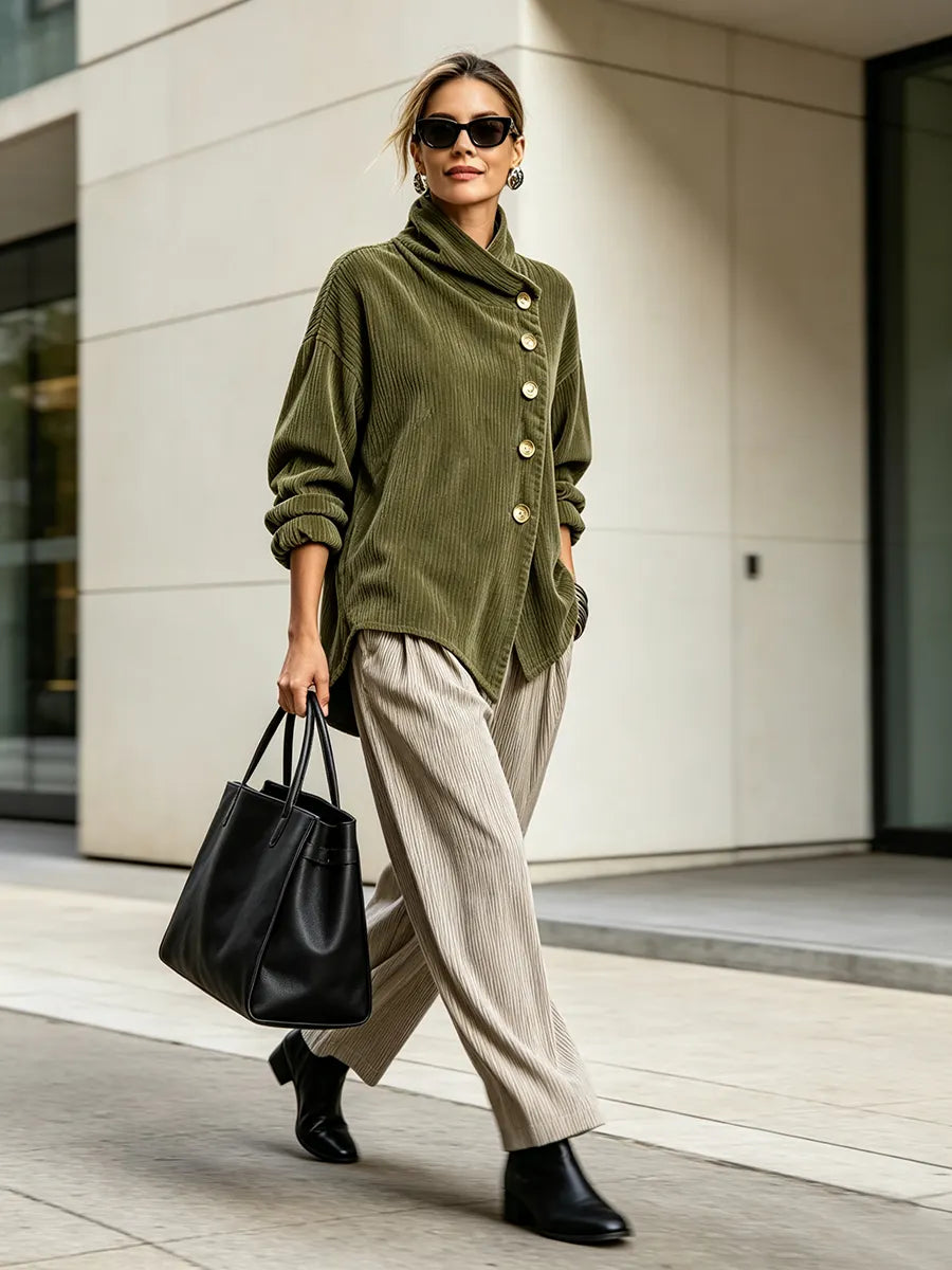 Elegant asymmetrical velvet top with a high neck